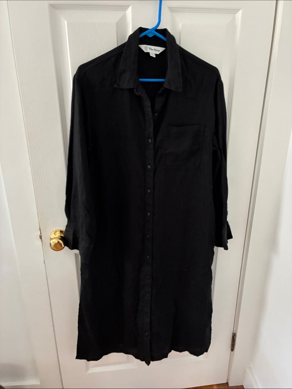 Classic Linen Black Button-Front Midi Shirt Dress by The Drop